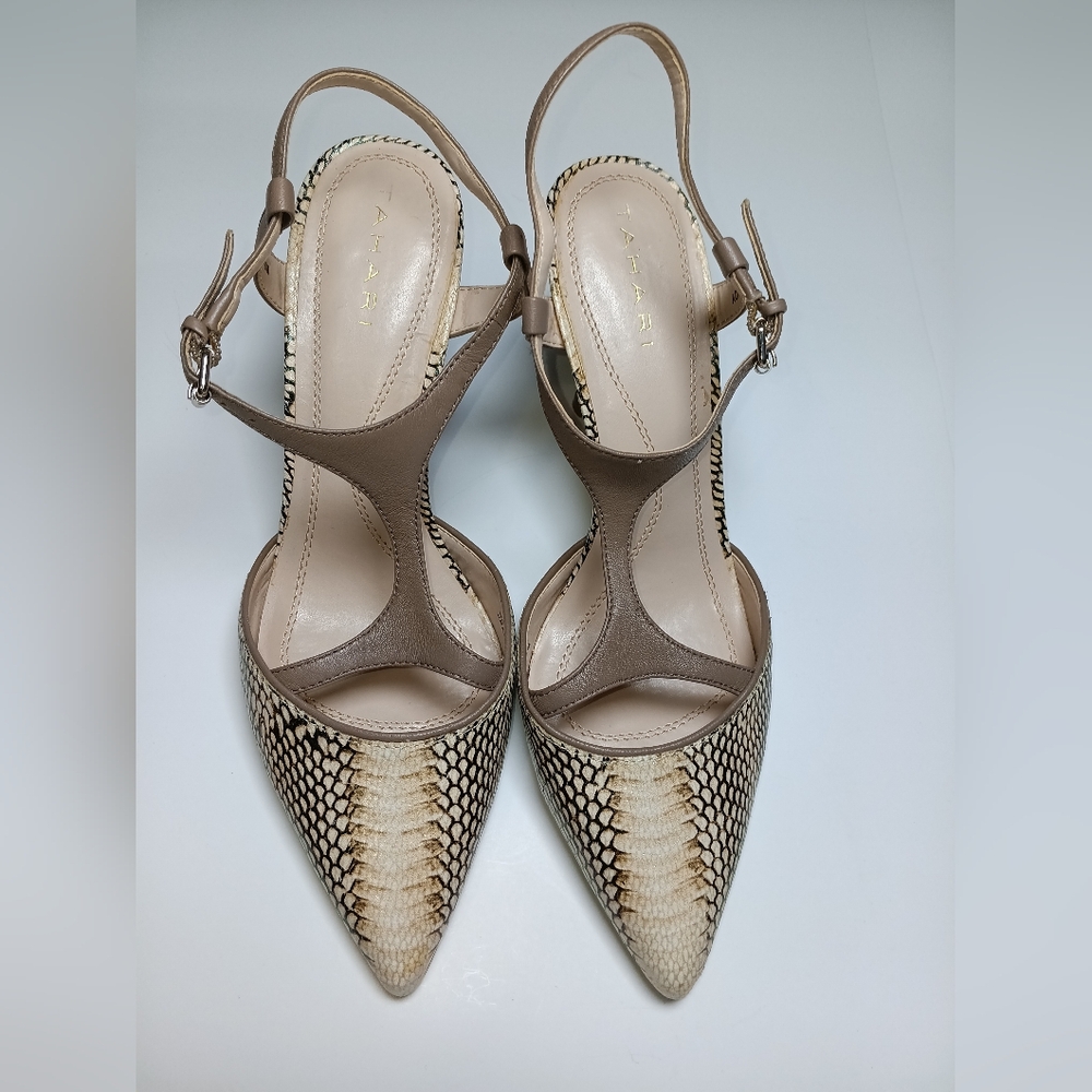 Tahari Taupe Leather & Cream Snake-Print T-Strap Pointed Heels